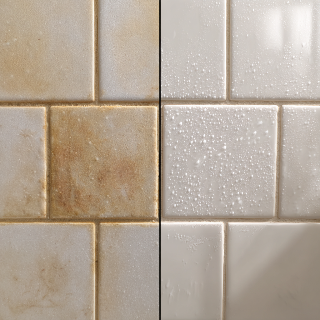 Discolored grout and grimy slate shower tile before cleaning